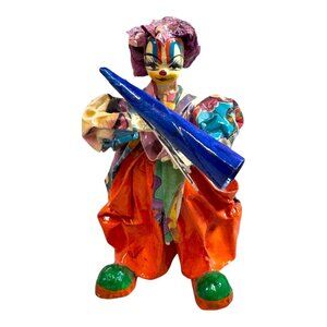 Vintage Handcrafted Paper Mache Clown Figurine In Vibrant Colors Horn Megaphone